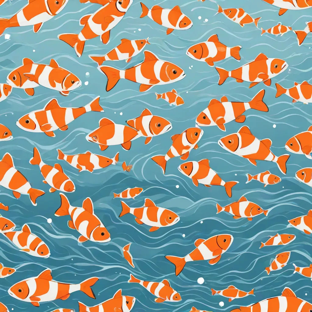 a large group of orange and white fish swimming in the ocean together, with bubbles in the water and bubbles in the water, a storybook illustration, Diego Gisbert Llorens, generative art, detailed illustration