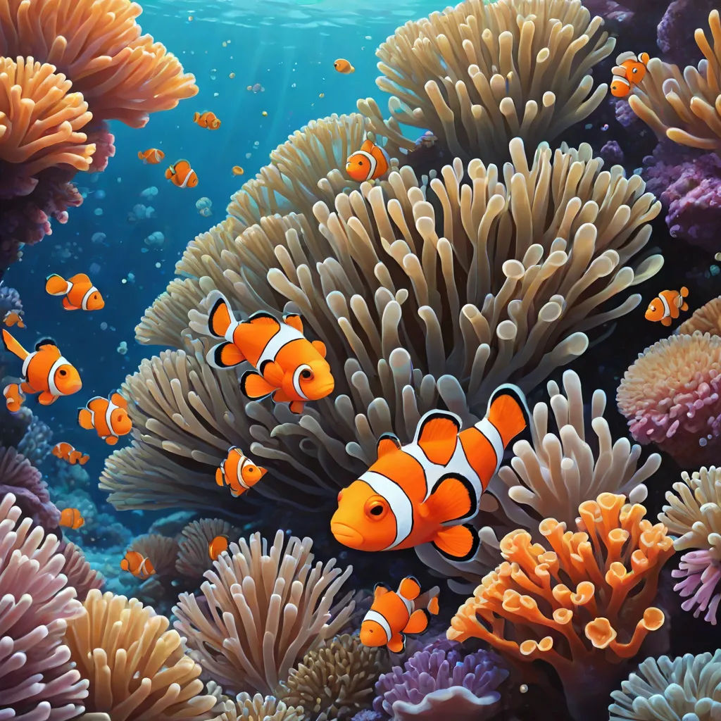 an image of an underwater scene with clown fish and sea anemones in the water with corals, an airbrush painting, David Martin, kinetic pointillism, highly detailed digital painting