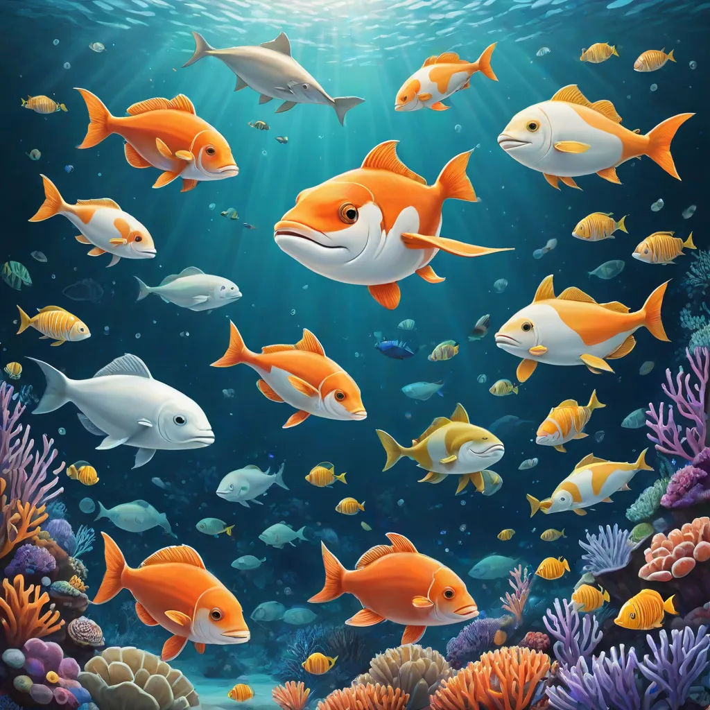 a painting of a group of fish swimming in the ocean with sunlight coming through the water and a coral reef, computer graphics, David Martin, computer art, highly detailed digital painting