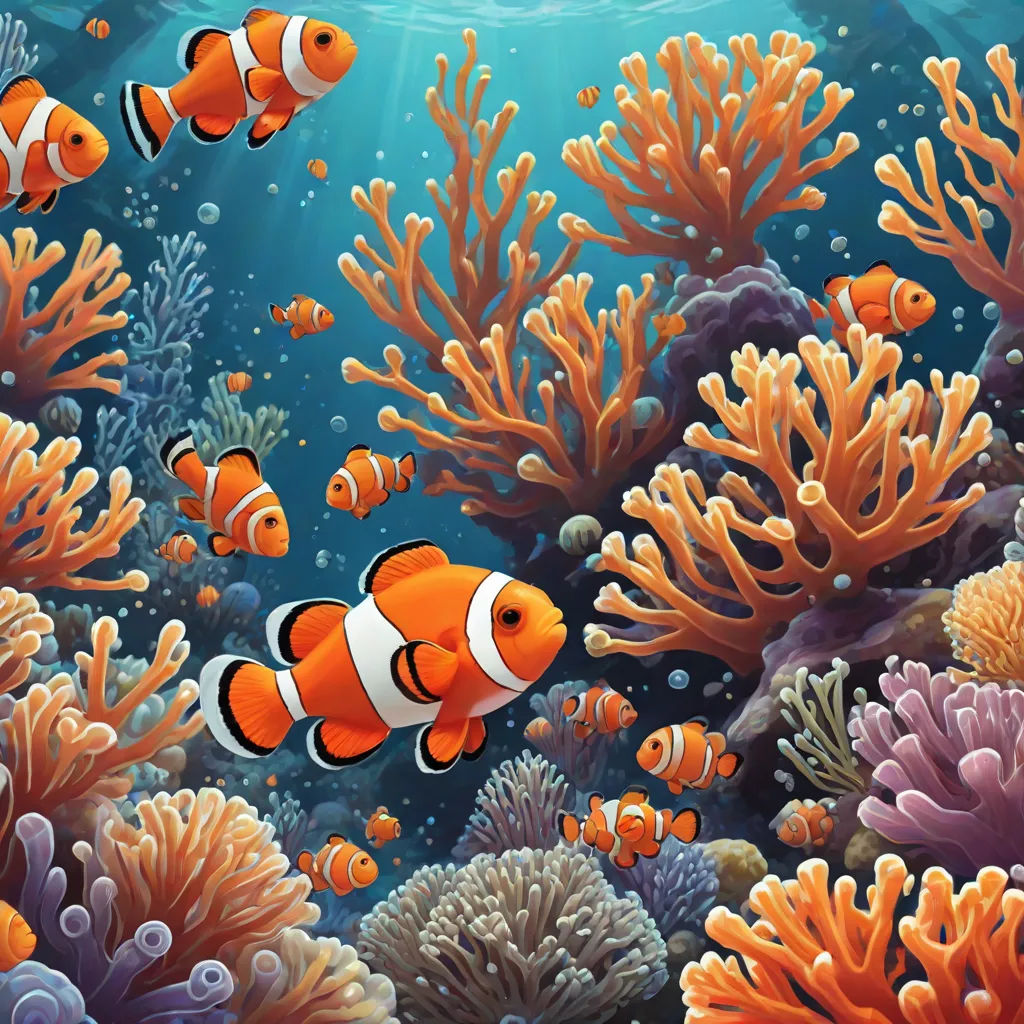 a painting of clown fish swimming in the ocean with corals and seaweeds in the background illustration, a pointillism painting, David Martin, pop surrealism, highly detailed digital painting