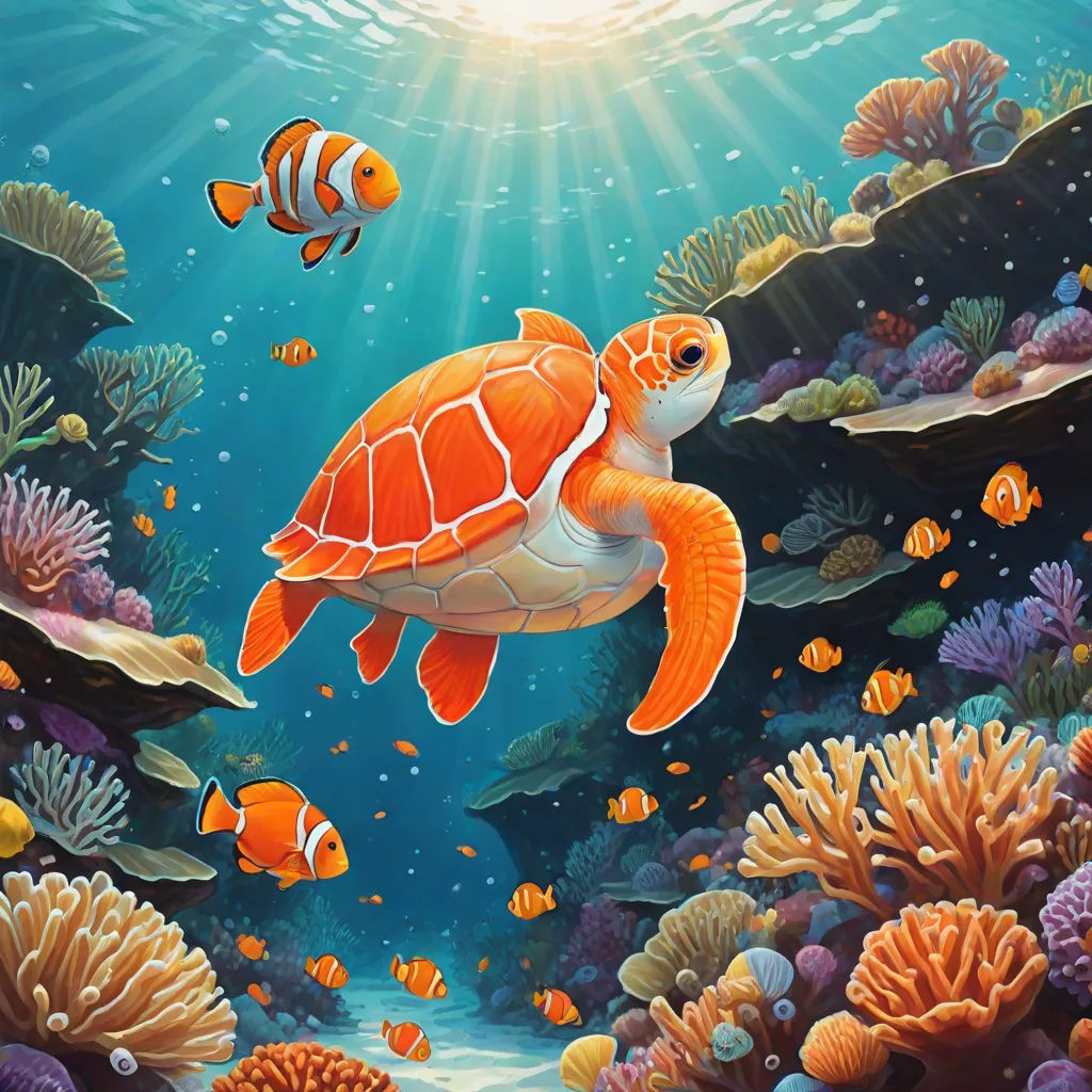 a painting of a turtle and fish swimming in the ocean with corals and seaweeds around it, an airbrush painting, David Martin, fantasy art, highly detailed digital painting