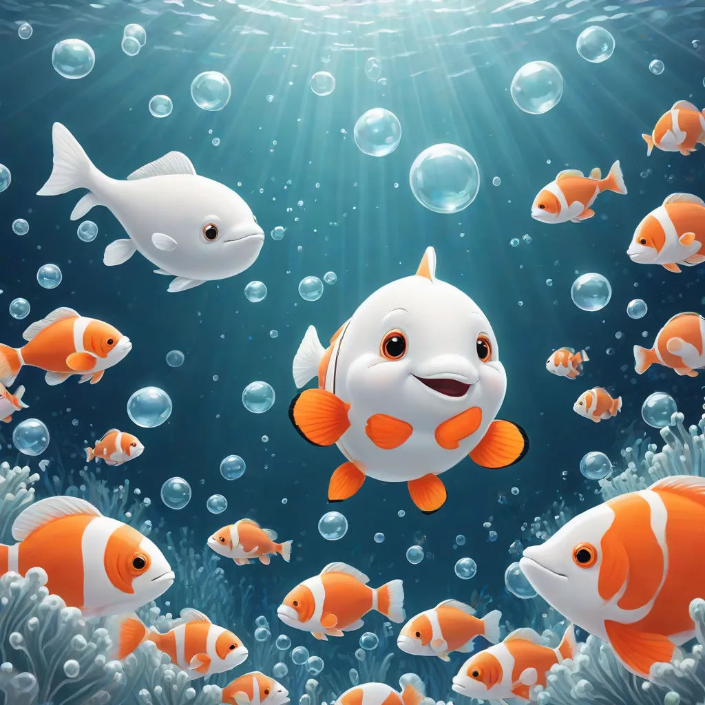 a group of fish swimming in a sea with bubbles and bubbles around them, with a sunburst above them, a storybook illustration, David Martin, pop surrealism, lostfish