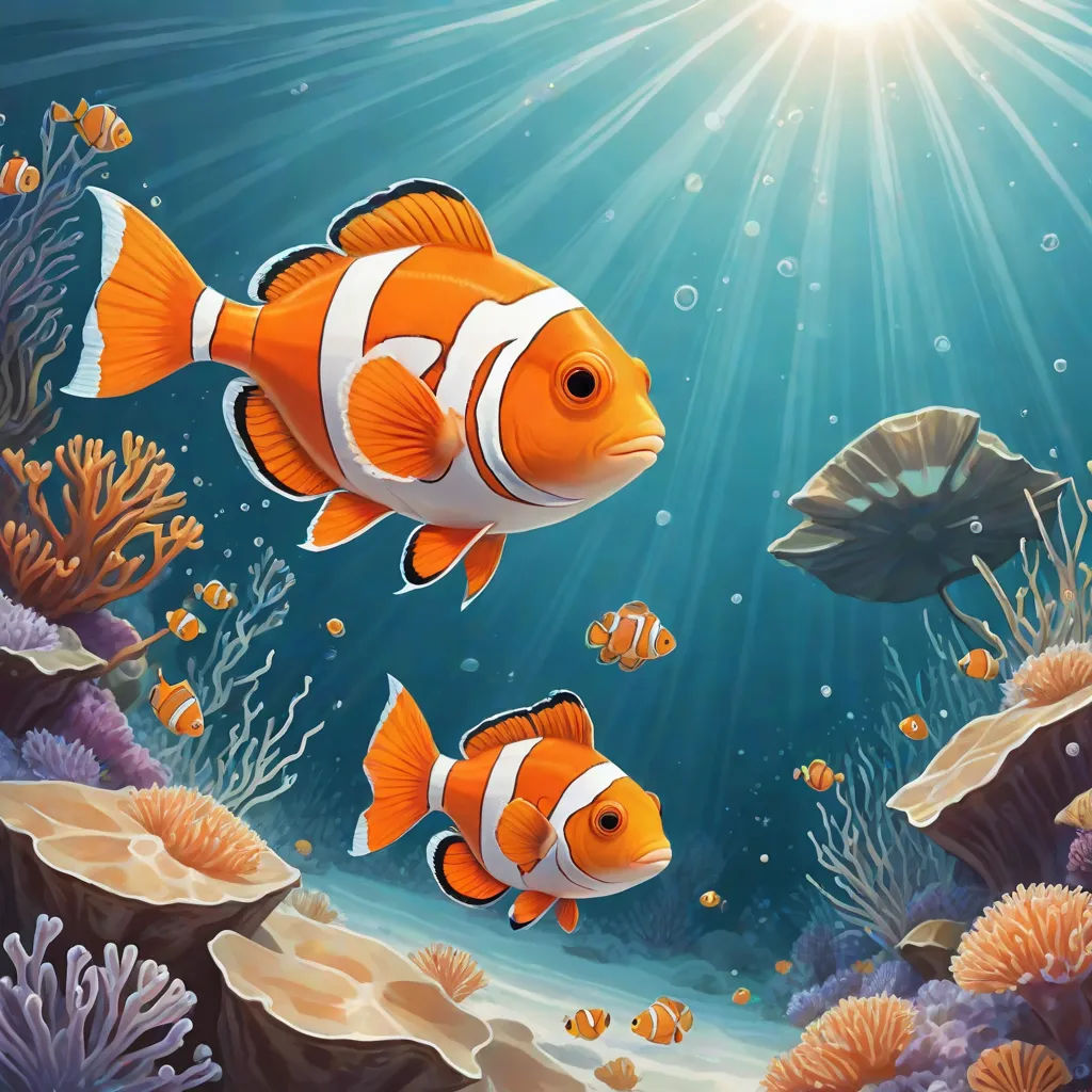 a painting of two clown fish swimming in the ocean with corals and seaweed on the bottom of the water, a storybook illustration, Cliff Childs, pop surrealism, highly detailed digital painting