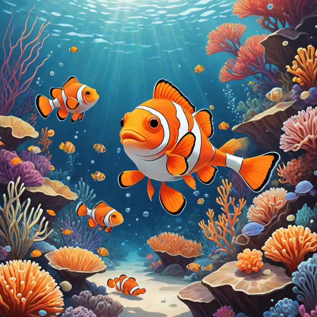 a painting of an orange clown fish swimming in the ocean with corals and seaweeds around it, a storybook illustration, Cliff Childs, pop surrealism, highly detailed digital painting