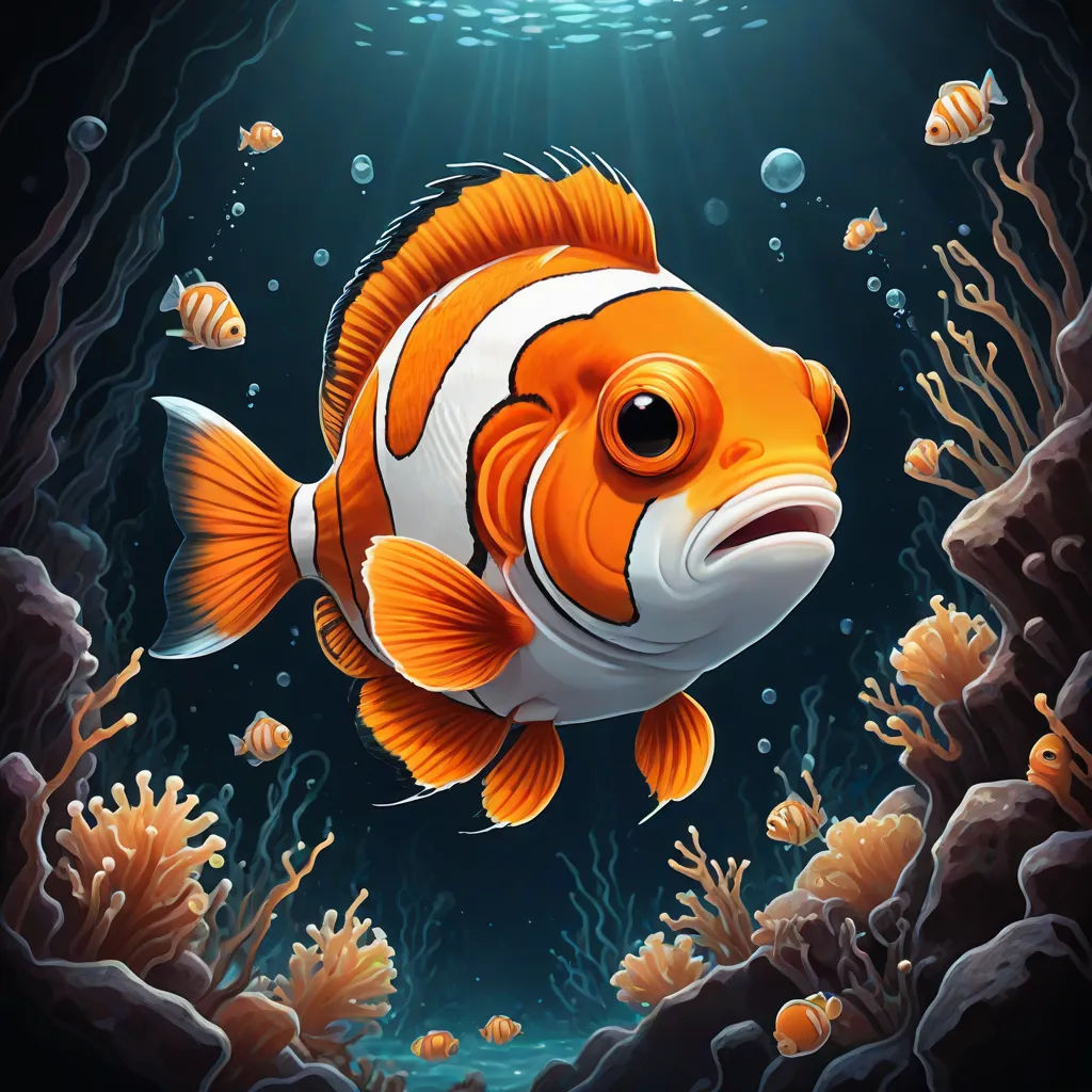 a clown fish swimming in the ocean with corals and bubbles around it's surface, with a light shining on the water, an airbrush painting, Cyril Rolando, pop surrealism, highly detailed digital painting