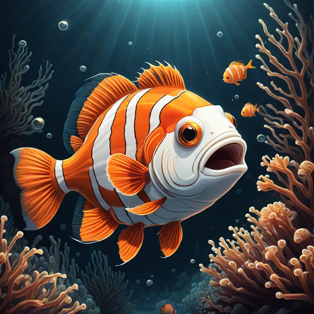 a fish that is swimming in some water near some corals and seaweeds with a light shining on it, a storybook illustration, Cyril Rolando, fantasy art, highly detailed digital painting