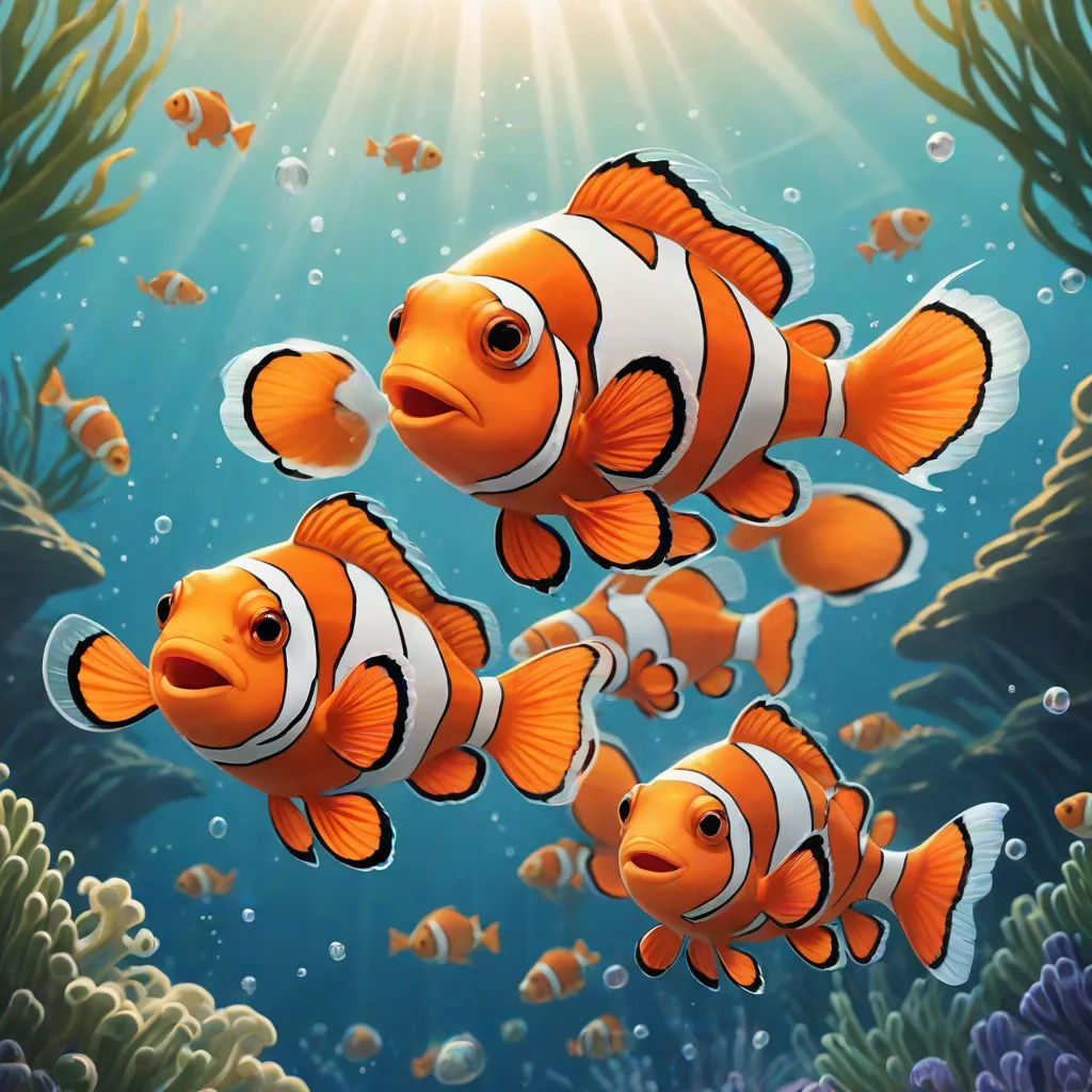 a group of clown fish swimming in the ocean under the sun light with bubbles and bubbles around them,, a storybook illustration, Cliff Childs, pop surrealism, pixar and disney animation