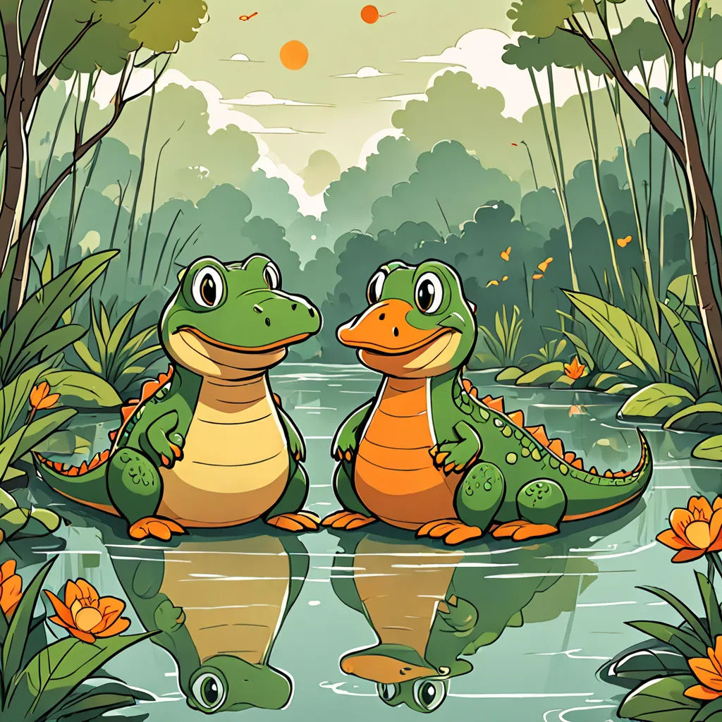 two green and orange alligators sitting in the water near trees and flowers with a pond in the background, Andries Both, lyco art, a storybook illustration, storybook illustration