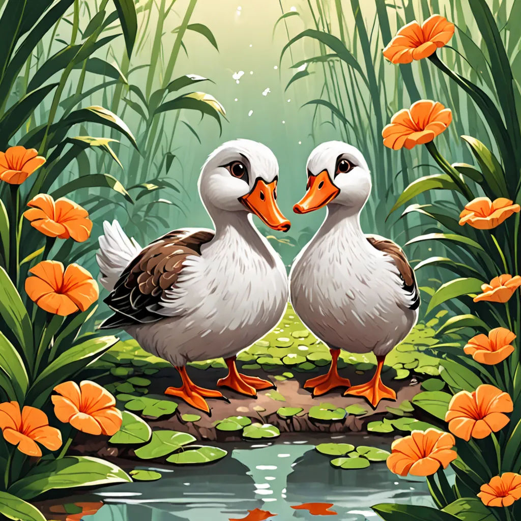 two ducks standing on a pond surrounded by flowers and lily pads with a butterfly in the background and a lily pad in the foreground, Chris LaBrooy, lyco art, a storybook illustration, game art