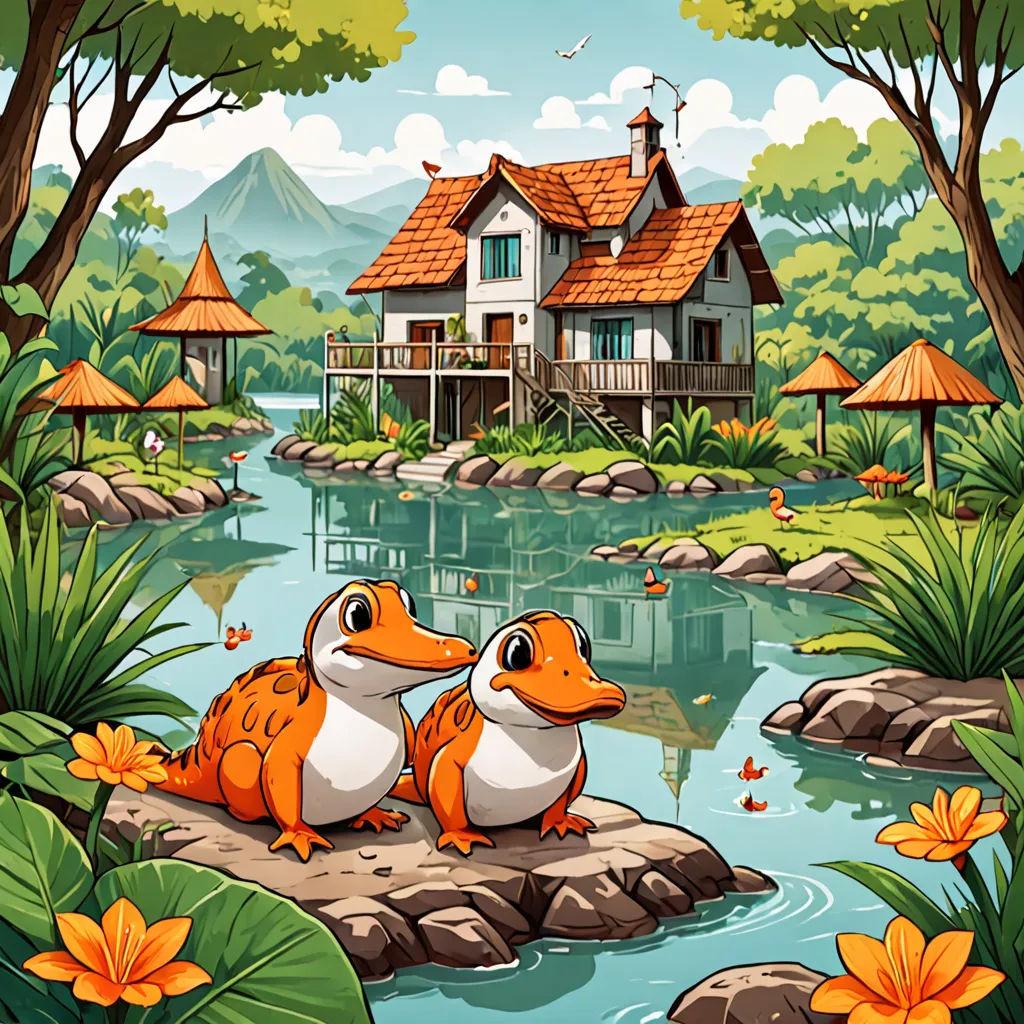 a frog sitting on a rock in front of a house and a pond with lily pads and flowers in front of it, Chris LaBrooy, fantasy art, a storybook illustration, storybook illustration