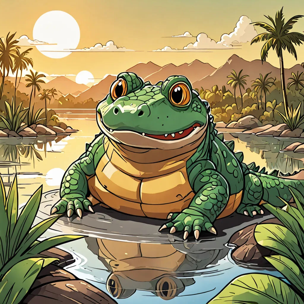 a cartoon frog sitting on a rock in a pond with a sunset in the background and palm trees in the foreground, Adam Rex, sots art, a storybook illustration, official art