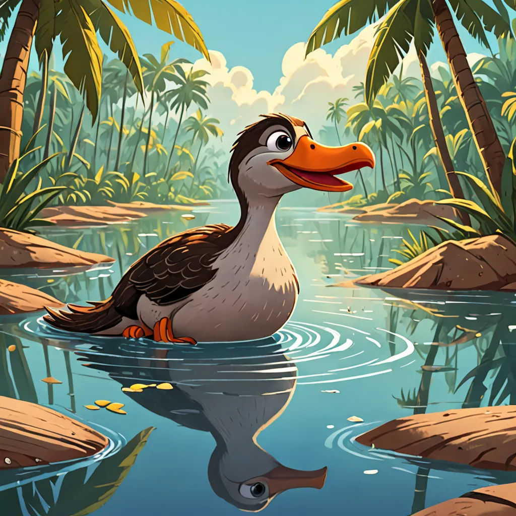 a duck is sitting in the water near some palm trees and rocks and rocks and a blue sky with clouds, Chris LaBrooy, dau-al-set, a storybook illustration, promotional image