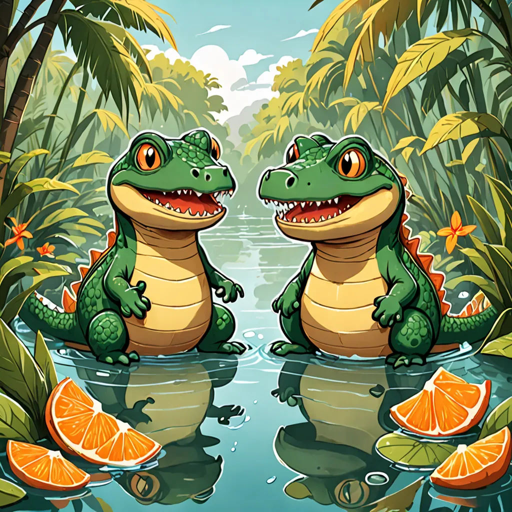 two alligators are sitting in the water surrounded by orange slices and palm trees, with a river running through them, Adam Rex, lyco art, a storybook illustration, game art