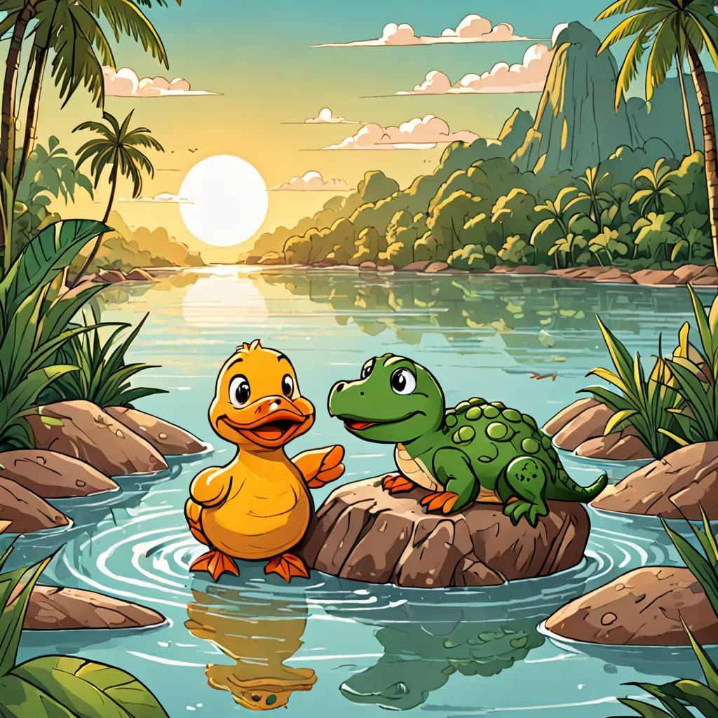 a cartoon of a duck and a turtle on a rock in a river with a sunset in the background, Chris LaBrooy, sots art, a storybook illustration, storybook illustration