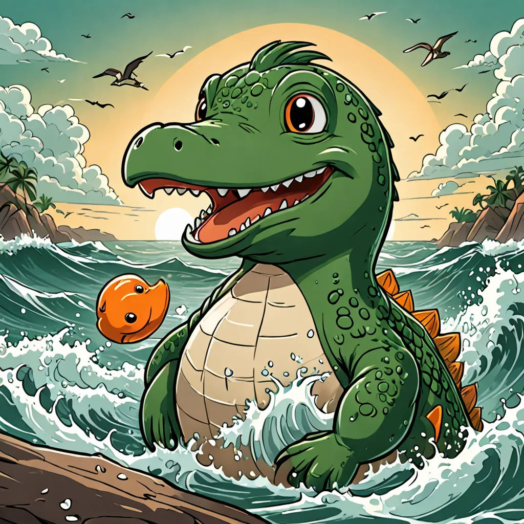 a cartoon dinosaur is riding a wave in the ocean with a fish in his mouth and a bird in his mouth, Adam Rex, sots art, a storybook illustration, game art