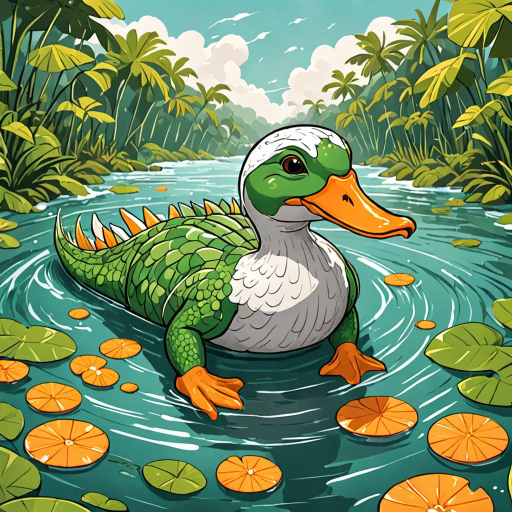 a cartoon alligator is floating in a pond with lily pads and lily pads around it, with a green alligator in the background, Chris LaBrooy, lyco art, a character portrait, game art