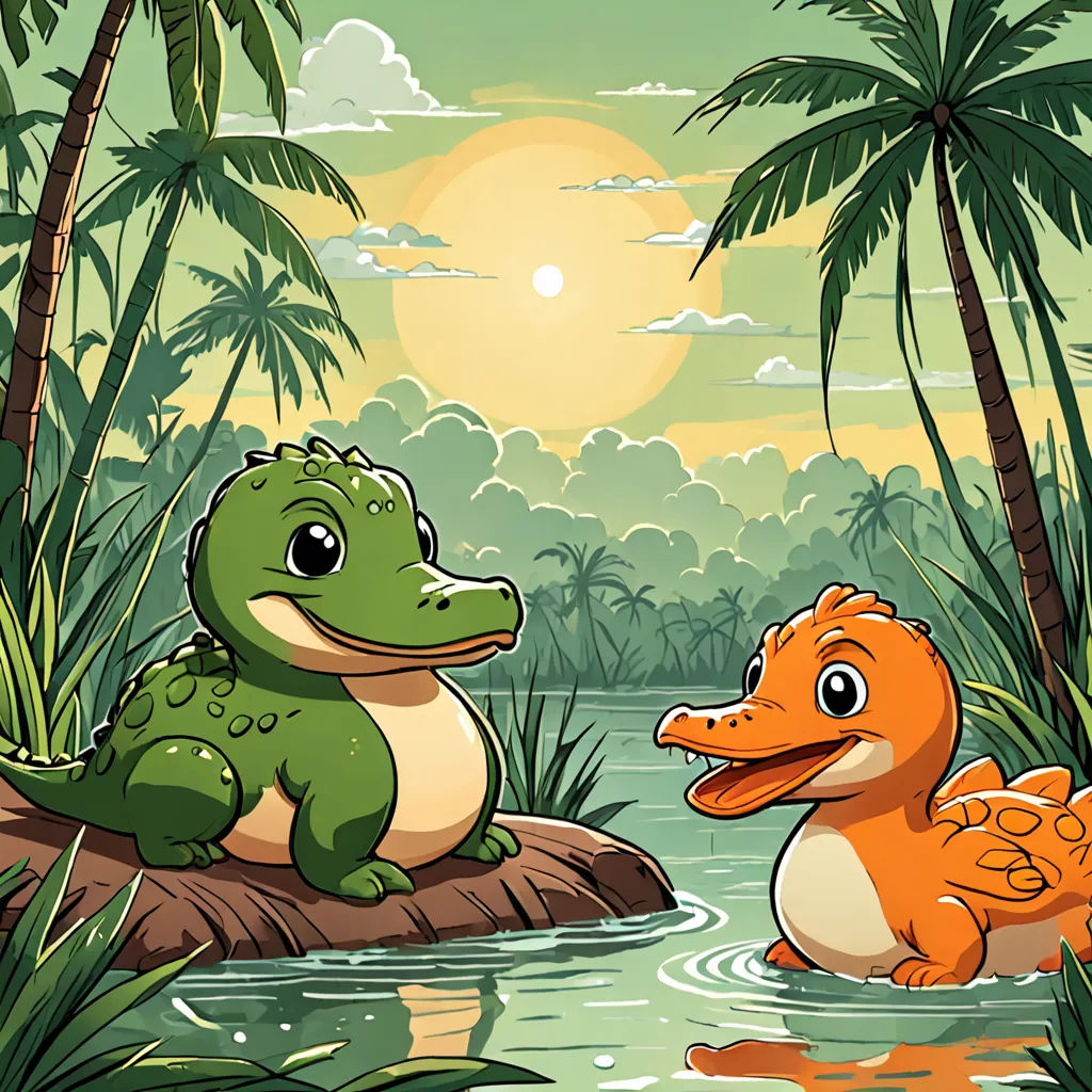 a cartoon alligator and a crocodile in a tropical setting with palm trees and a lake in the foreground, Abidin Dino, sots art, a storybook illustration, storybook illustration