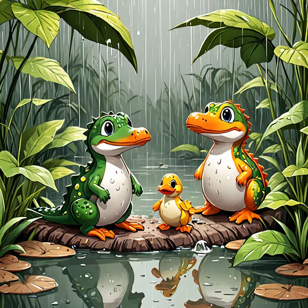 a frog and a duck are sitting on a log in the rain by a pond with water lilies, Chris LaBrooy, fantasy art, a storybook illustration, storybook illustration
