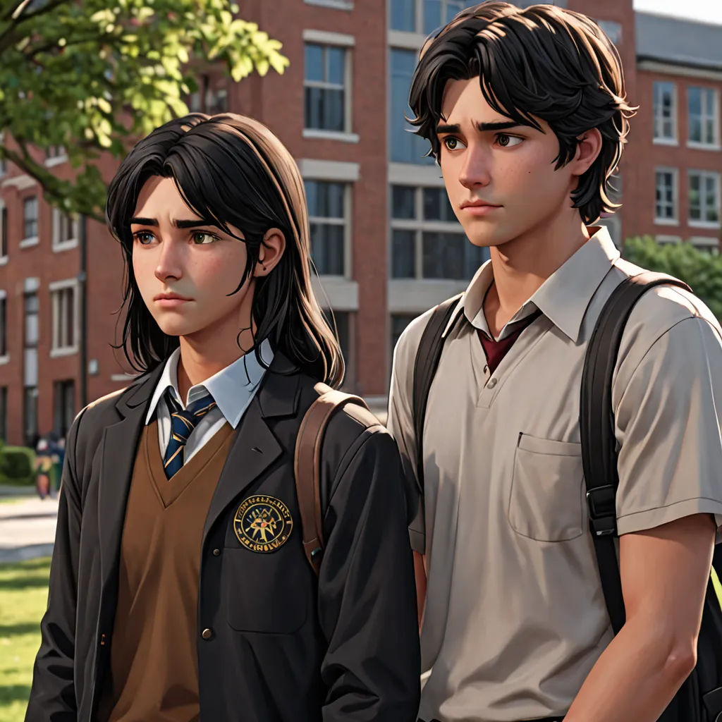 a couple of people standing next to each other in front of a building with a tree in the background, northwest school, concept art, Cedric Seaut (Keos Masons), unreal engine highly rendered