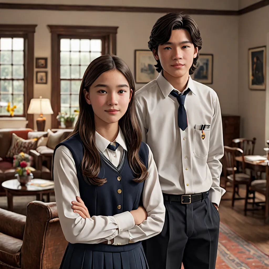 a boy and a girl standing in a living room together, both wearing uniforms and ties, with their arms crossed, heidelberg school, a still life, Ayami Kojima, promotional image