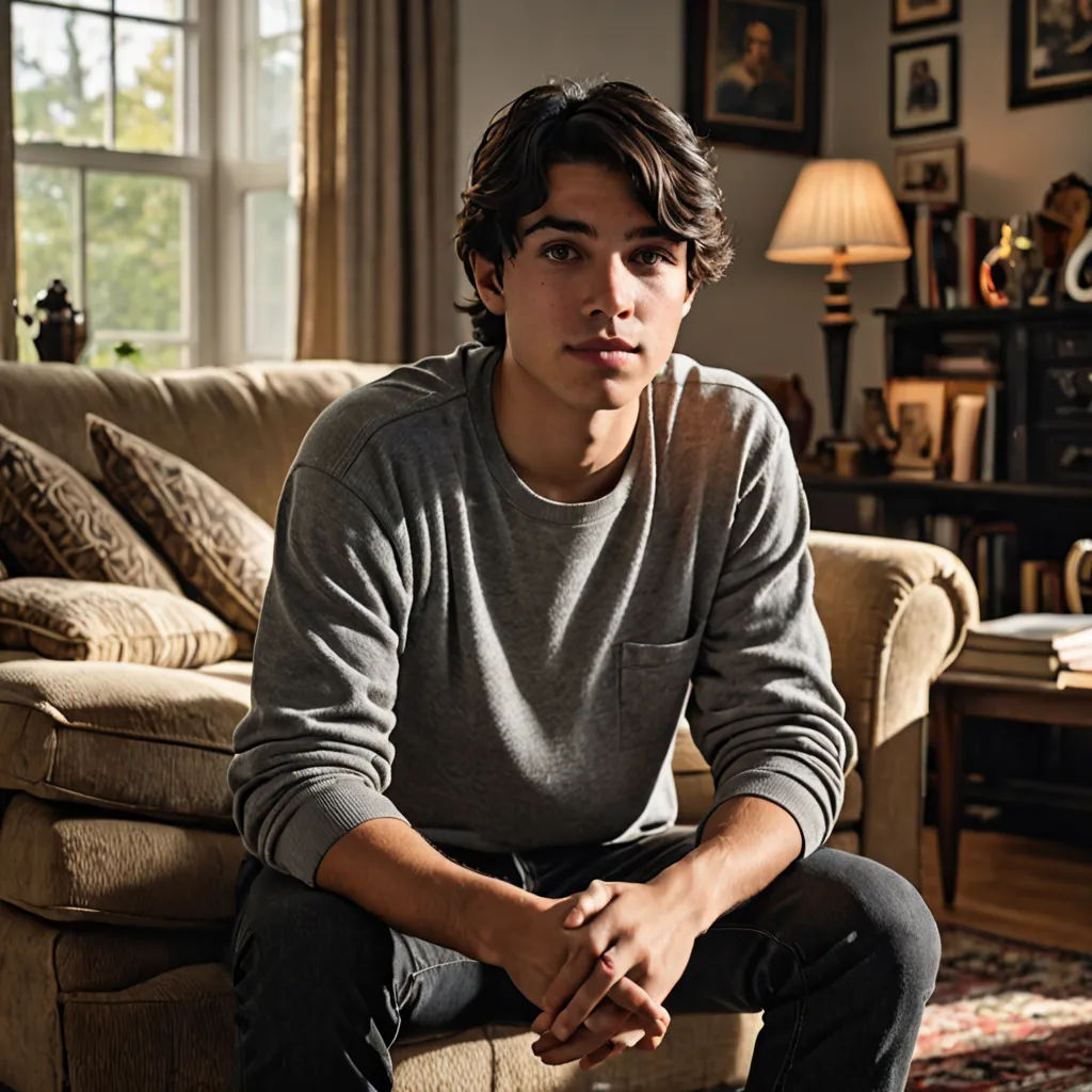 a young man sitting on a couch in a living room with a window behind him and a rug on the floor, american barbizon school, a character portrait, David Budd, promotional image