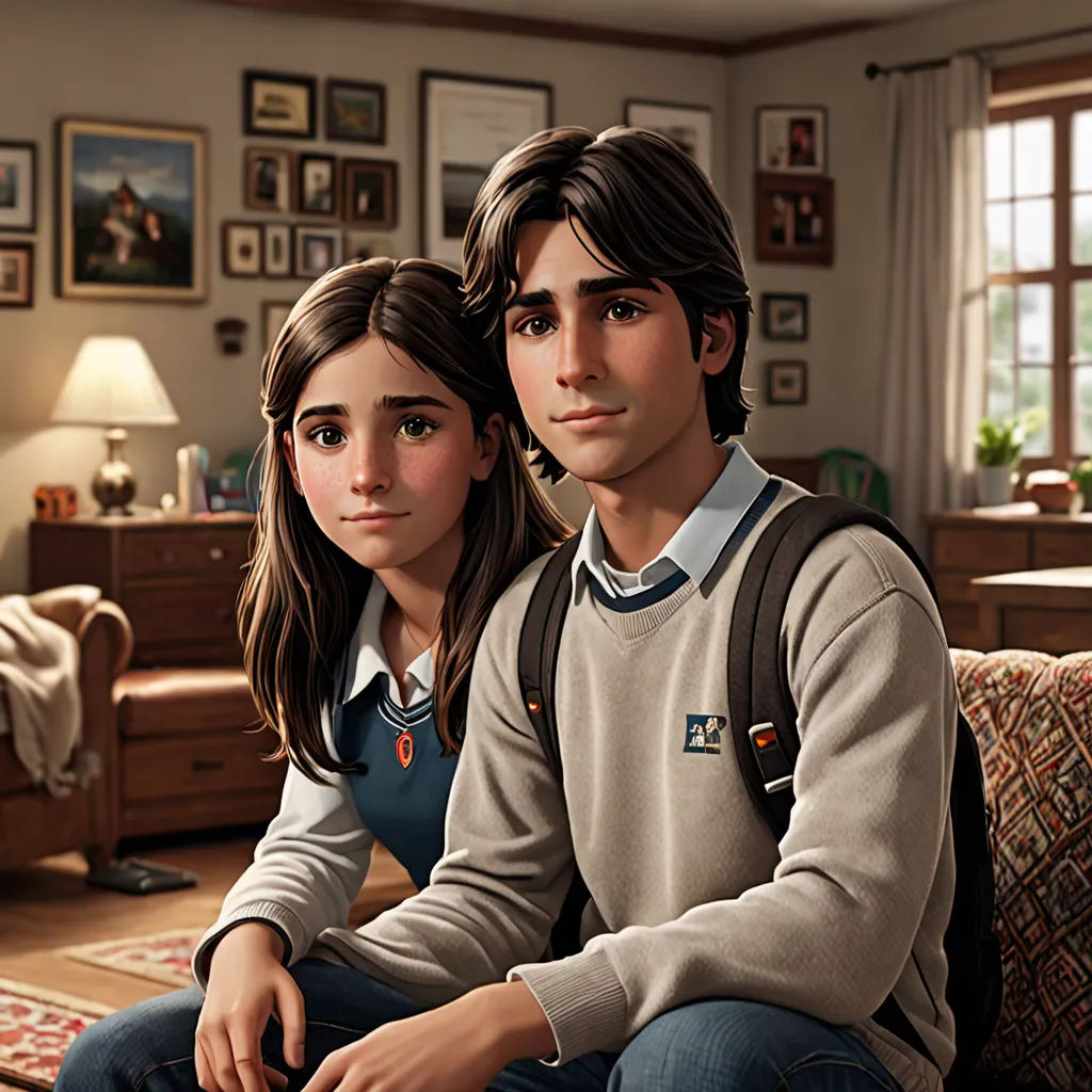 a couple of people sitting on a couch in a room with pictures on the wall and a rug on the floor, photorealism, computer graphics, Alejandro Burdisio, cgstudio