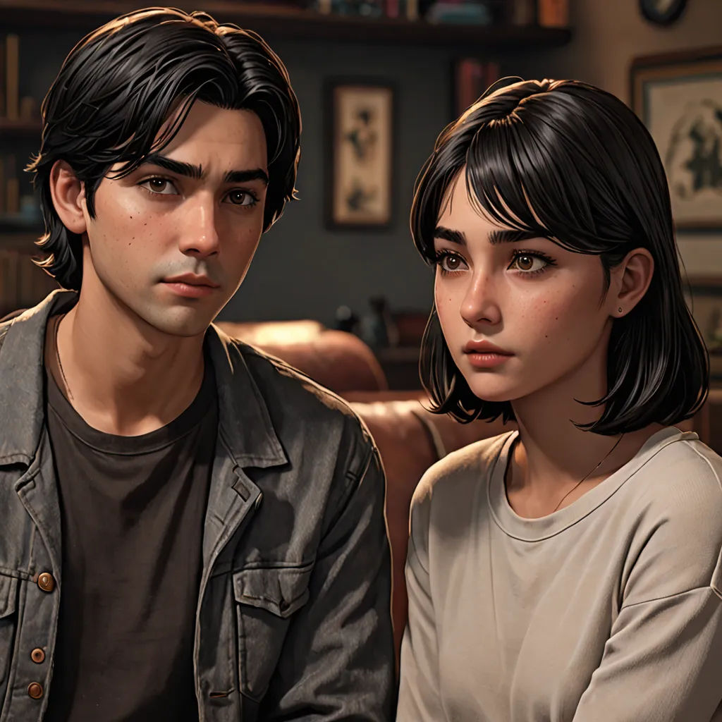 a couple of people sitting next to each other in a room with a couch and a book shelf on the wall, photorealism, a detailed painting, David Park, ultra realistic illustration