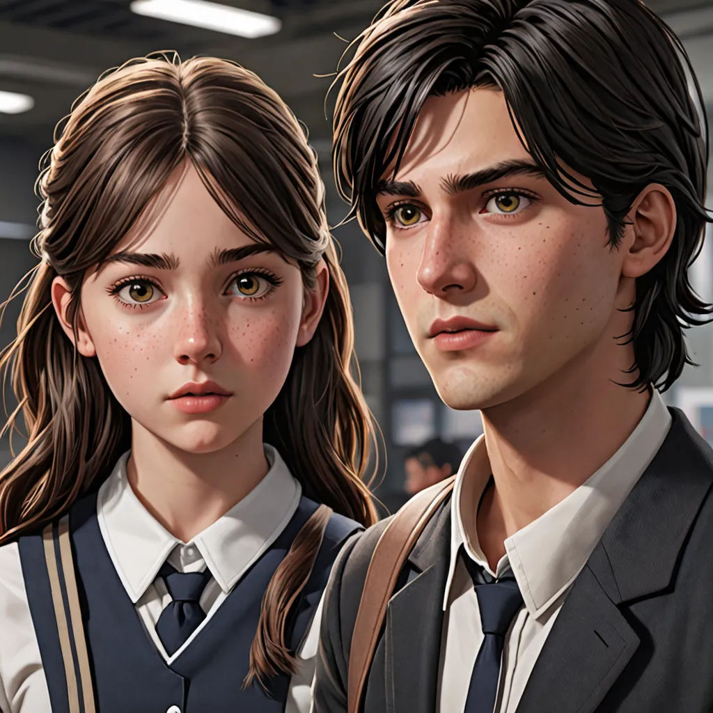 a couple of people standing next to each other in a room with a ceiling light above them and a sign that says, the office, photorealism, concept art, Artgerm, ultra realistic faces
