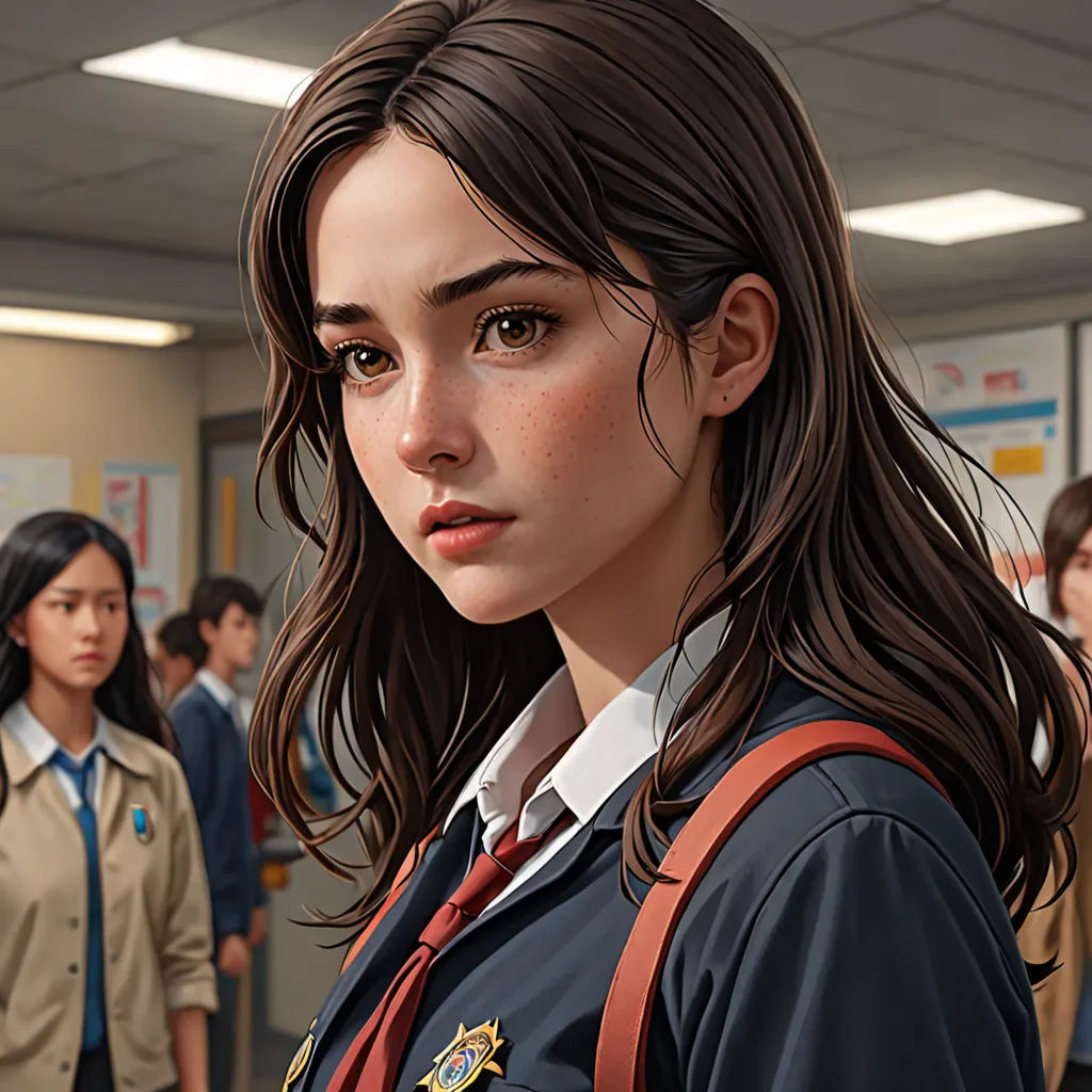 a woman in a school uniform standing in a classroom with other people in the background and a woman in a uniform, photorealism, a detailed painting, Artgerm, ultra realistic digital art