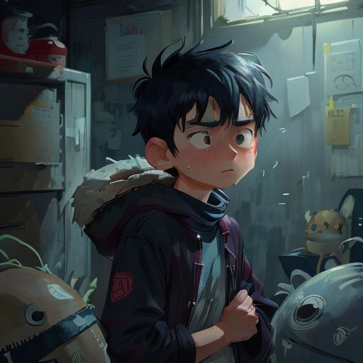 a boy in a room with a bunch of stuff in it and a stuffed animal in the corner of the room