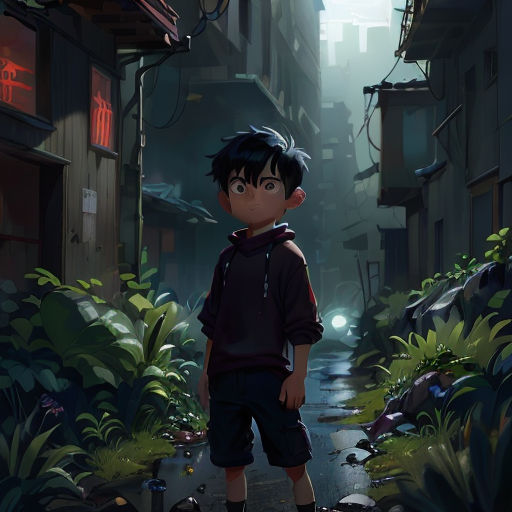 a boy standing in a narrow alley in a city at night with a flashlight shining on him and a building in the background