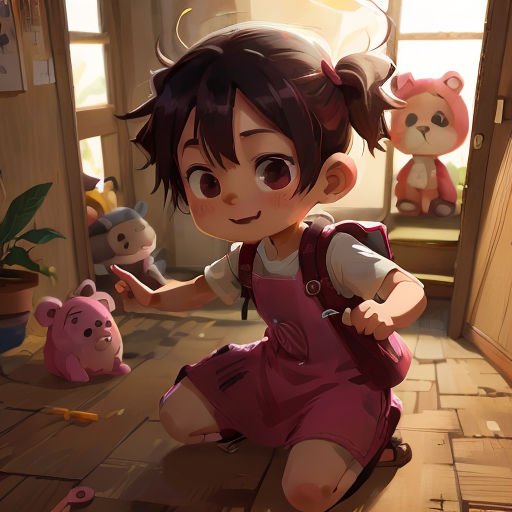 a girl in a pink dress sitting on the floor with stuffed animals around her and a teddy bear behind her