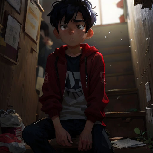 a boy sitting on the stairs in a hallway with a red jacket on and a red backpack on his back