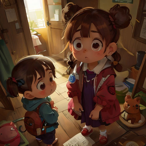 two children standing in a room with a teddy bear and a cat on the floor next to them, looking at a paper