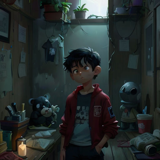 a boy standing in a room with a teddy bear and a lamp on the table next to him and a teddy bear
