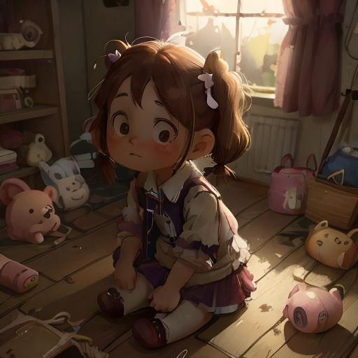 a little girl sitting on the floor with stuffed animals around her and a window in the background with a curtain