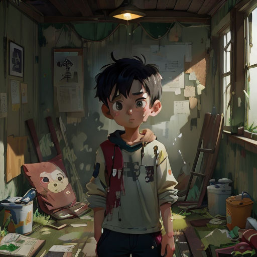 a boy standing in a room with a stuffed animal in it's lap and a book on the floor