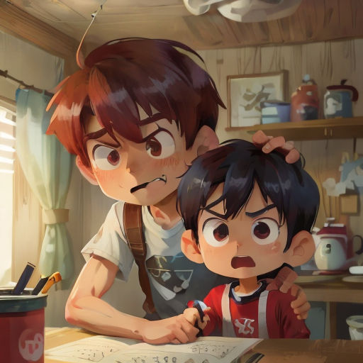 two children are looking at a book while a boy looks on from behind them in a kitchen with a red cup