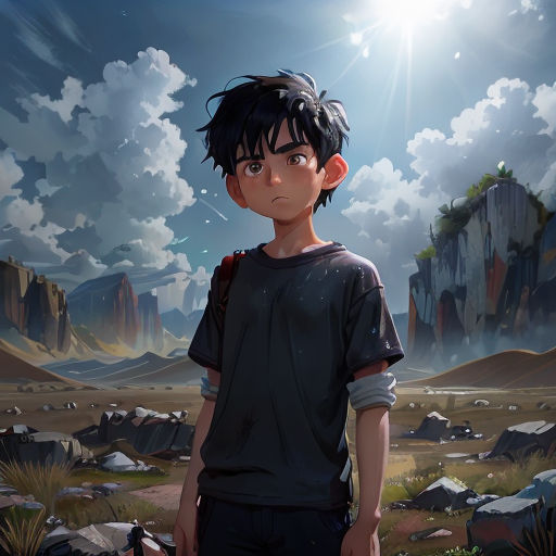 a boy standing in a desert with a sky background and clouds in the background, with a sun shining