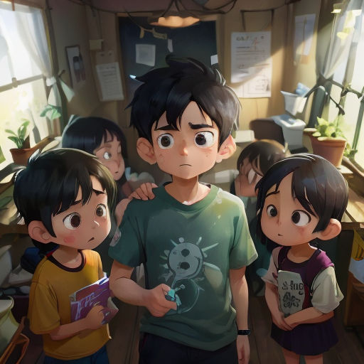a group of children standing in a room with a boy holding a book and a girl holding a book
