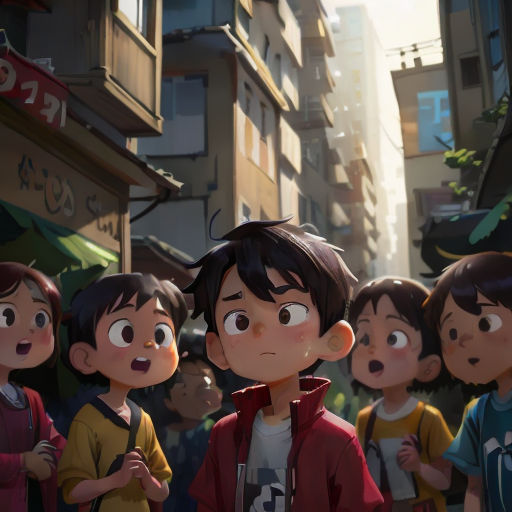 a group of children standing in front of a building in a city with a surprised look on their face