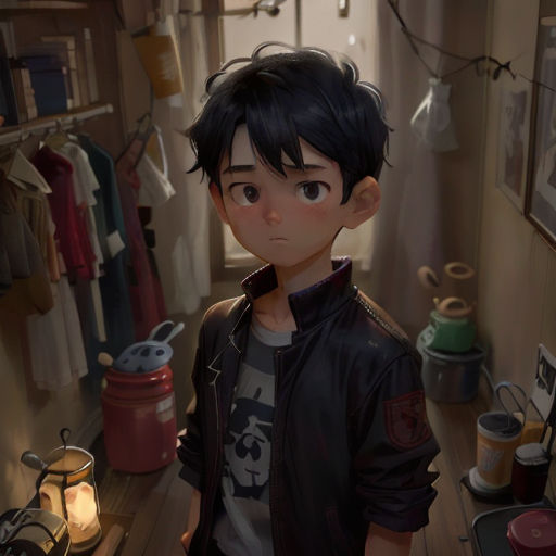 a boy standing in a room with a bunch of clothes on the wall and a lamp on the floor