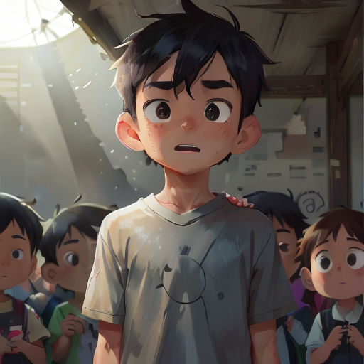 a boy standing in front of a group of children in a room with a ceiling fanned out of him