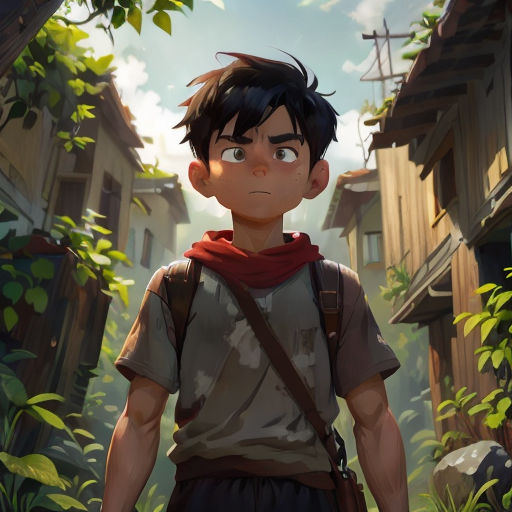 a boy with a backpack standing in a forest looking at something with a sad look on his face and a building in the background