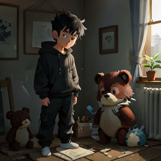 a boy standing next to a teddy bear in a room with a window and a radiator on the wall