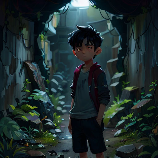 a boy standing in a tunnel with a backpack on his back and a backpack on his shoulder, in a jungle