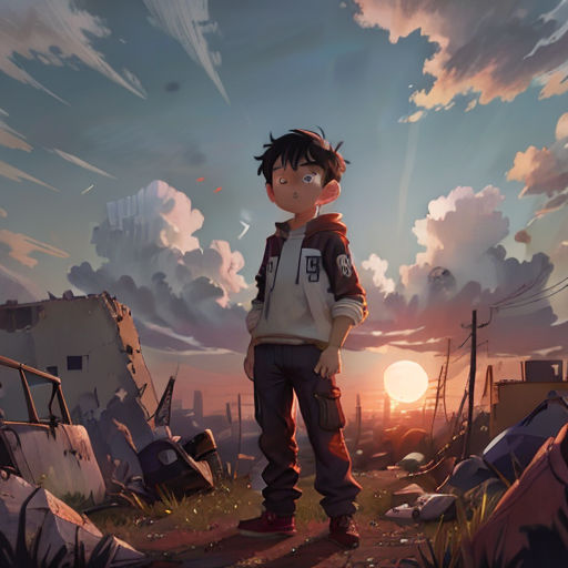 a boy standing in a field with a sunset in the background and clouds in the sky above him,