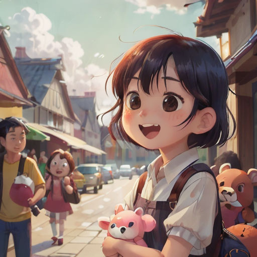 a girl holding a teddy bear in a city street with other people walking by her and a man walking by her