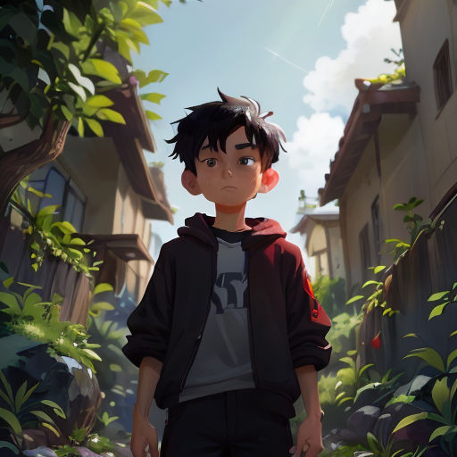 a boy standing in a alley way with a house in the background and trees in the foreground, and a blue sky in the background