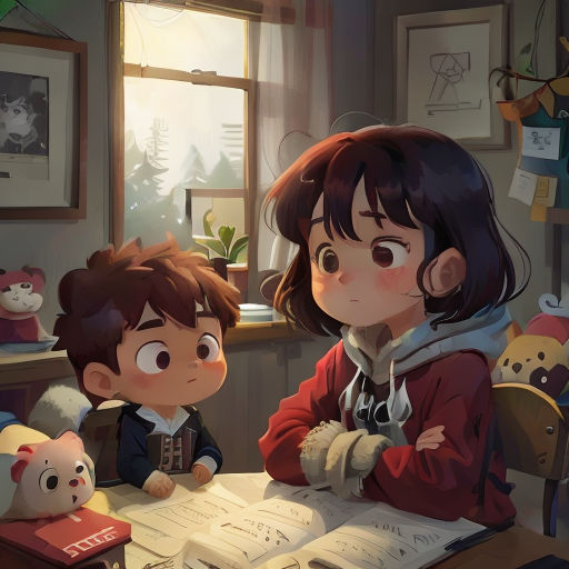 a boy and a girl sitting at a table with a book and teddy bears in the background, looking at a book